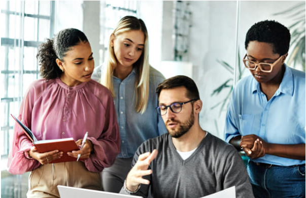 team discussing project strategy